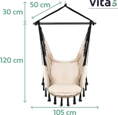 A hanging chair with dimensions indicated by measurement lines and text.