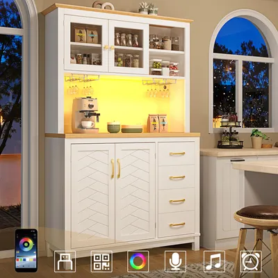 Zdjęcie produktu dla Szafka kuchenna Buffet 105,5 x 40 x 180 cm – kredens w stylu rustykalnym z oświetleniem Smart-LED i uchwytem na słoiki – wielofunkcyjna szafka na zapasy z zabezpieczeniem przed przewróceniem, zielono-czarno-biała