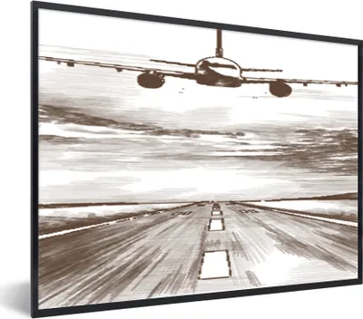 Produktbild von MuchoWow® MuchoWow® Gerahmtes Poster Flugzeug - Luft - Schwarz - Weiß 80x60 cm - Poster mit zchwarzem Bilderrahmen - Schwarzem - Mit Gestell