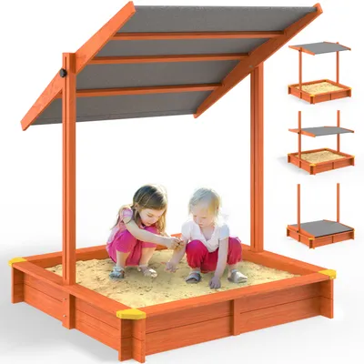 Produktbild von SPIELWERK® Sandkasten Max Sonnendach 140x140x120cm imprägniertes Holz Füllstand Skala UV 50+ Kantenschutz Bodenvlies Sandspielzeug Kinder Sandbox Sandkiste