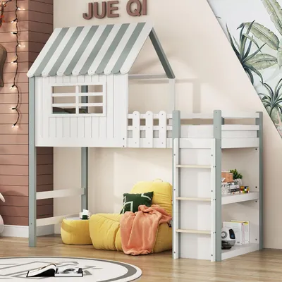 Obrázok produktu pre Postel na zvýšenie, 90x200 cm, detská postel s ochranou proti pádu a latkovým roštom, masívne drevo, zelená farba