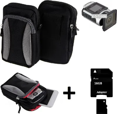 Produktbild von Kompatibel mit Ricoh WG-M 2 Gürtel Tasche Holster Umhänge Tasche Fototasche Schutz Hülle schwarz-grau + Extrafach K-S-Trade