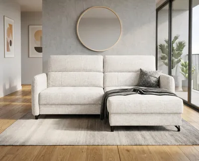 Obrázek produktu pro Rohová sedačka NORDELO s rozkládací funkcí a úložným prostorem, barva ALTAVISTA (slonovinová), rozměry 230x173x81 cm. Rohová rozkládací sedačka ve tvaru L s úložným prostorem