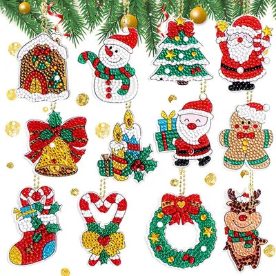 Produktbild von 12 Stück Diamond Painting Weihnachten Anhänger, DIY 5D Diamant Malerei Schlüsselanhänger, Diamantmalerei Bastelset, Geschenk für Mädchen,Weihnachtsges
