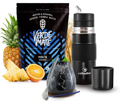 Produktbild von Verde Mate - Mate Tee Set Mas IQ 500g - Yerba Mate Dicke Blätter 5mm, Luftgetrocknet, Mild - Yerbomos X 3in1 Thermoskanne 450ml - Mate Becher 300ml