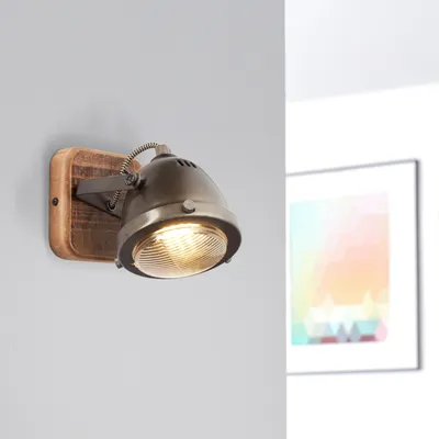 Obrázek produktu pro Rustikální nástěnné svítidlo v retro stylu, 12 x 12 cm – nástěnný reflektor z kovu a dřeva
