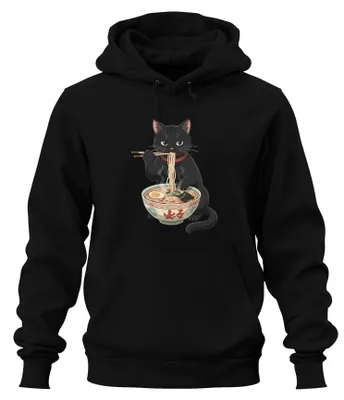 Productafbeelding van Ramen, kat, zwarte poes, noedelsoep, anime, manga, otaku, hoodie, sweater, zwart, maat M