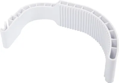 A white plastic mounting hook for a pool skimmer.