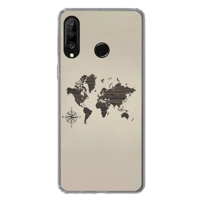 Produktbild von MuchoWow® Handyhülle Schutzhülle Hülle für Huawei P30 Lite Weltkarte - Holz - Braun Silikon Softcase Handy Hülle - Handyhülle