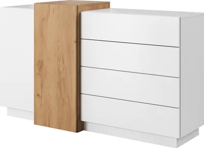 Produktbild von Masseno Kommode TRES 160 cm Sideboard mit 4 Schubladen und 2 Türen für Wohnzimmer Schlafzimmer Modern 160x45x94 cm Weiß / Orange