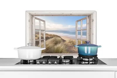 Produktbild von KitchenYeah® Spritzschutz Küche - Küchenrückwand - Wandschutz für Herd und Spüle - Durchblick - Strand - Meer - Dünen - Strandgras - Sand - Blau 60x40 - Alu-Dibond (Alternative zum Spritzschutz aus G