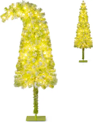Two artificial Christmas trees are shown against a white background. The larger tree on the left is bent at the top and illuminated with warm white lights. A smaller, upright tree is visible on the right.