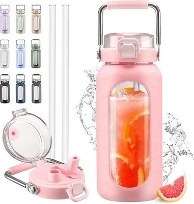 Obrázek produktu pro Famanu láhev na vodu o objemu 1900 ml s brčkem a rukojetí z nerezové oceli – růžová