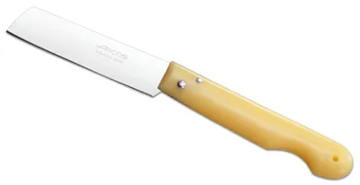 Productafbeelding van Professionele mes Arcos 485700, gemaakt van NITRUM® roestvrij staal, met een handvat van geel polypropyleen en een lemmet van 8,5 cm, verpakt in een presentatiebox.