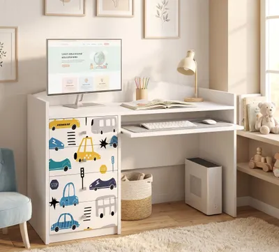 Produktbild von Weißer Schreibtisch für Kinder & Jugendliche 125x60 cm, Lerntisch mit 4 Schubladen, Computertisch für Jungen und Mädchen mit Motiv, KI-generiertes Bild