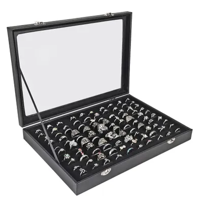 Ring-Displaykasten mit Glasdeckel, 100 Schlitze, schwarz