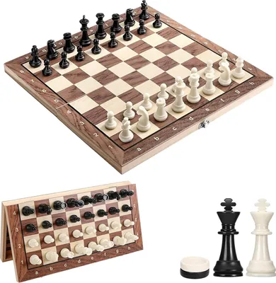 Produktbild von Magnetisches 3-in-1 Schachspiel - Holz Schachbrett Set für Kinder und Erwachsene, Tragbar und Klappbar (29 x 29 cm)