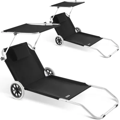 Produktbild von CASARIA® 2x Sonnenliege Klappbar mit Rädern & Sonnendach 5-fach verstellbar Aluminium leichte Gartenliege Strandliege Balkon Terrasse Pool Camping