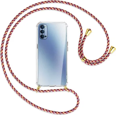 Produktbild von Handykette Backcover-Schutzhülle mit Band (Metall goldfarben) für Oppo Reno4 5G - weinrot/gelb/grau