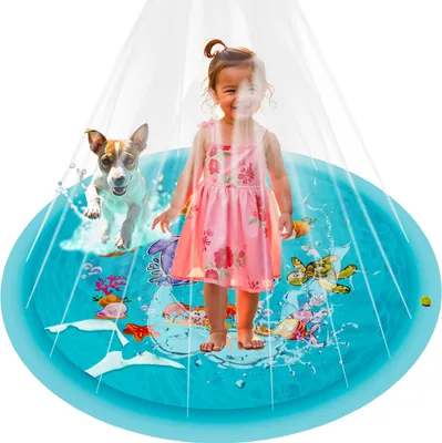 A young child and a dog are playing in a blue splash pad with water spraying from above.
