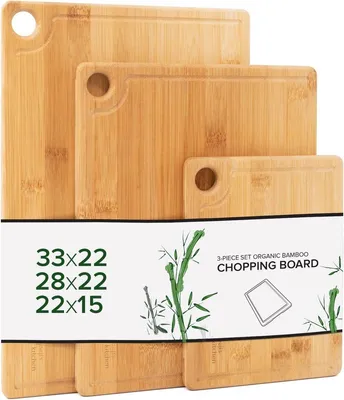 Productafbeelding van PromoHome® Bamboe snijplanken set van 3 - Duurzame houten snijplanken met opvangrand en ophangoog - 20x15 cm, 28x22 cm, 33x22 cm
