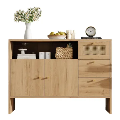 Produktbild von Merax Sideboard Kommode, Küchenschrank mit Rattanfront, 2 Türen, 3 Schubladen, Stauraumschrank für Wohnzimmer & Küche, 105x40x76 cm, Natur