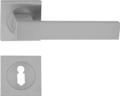 Produktbild von DOMINO Türgriff Drückergarnitur BB-Buntbart Set | mit quadratischen BB Rosetten | Türklinke für Zimmertür, Bürotür, Kellertür & Innentür | Türbeschläge aus Aluminium | Satin Chrom Light Türdrückergarnitur| QUBIK-QR M45