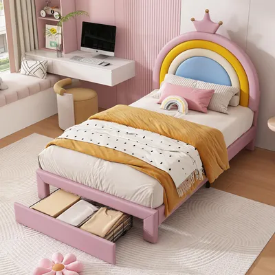 Immagine prodotto di Letto imbottito per bambini, dimensioni 90 x 200 cm, color rosa, con cassetto, testiera regolabile a forma di arcobaleno e rivestimento in PU, ideale per la cameretta dei bambini