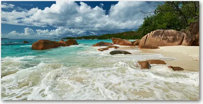 Produktbild von Tulup® Leinwandbild - 140x70 cm - Wandkunst - Drucke auf Leinwand - Leinwanddruck  - Landschaften - Blau - Seychellen Strand
