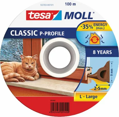 Produktbild von TESA Selbstklebende Dichtung für Fenster und Türen, Gummi, P-Profil, braun, 100m x 9mm