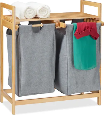 Image de Panier à linge double en bambou avec étagère RD2155, gris