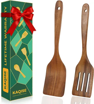 Produktbild von Holzlöffel Set 2 Stück, Teak Holz Küchenutensilien, flache und Schaufellöffel, für Kochen