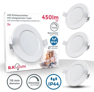 Produktbild von 3 x B.K.Licht LED Einbaupanel Leuchte Weiß rund Ø11,5cm IP44 3 x 6W 1350lm warmweiß 3000K extra flach DIMMBAR