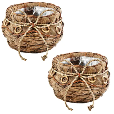 Produktbild von Kobolo Übertopf 2er Set Kokosblatt Braun 2x 35x22 cm Blumentöpfe Pflanzschalen Übertöpfe Blumentopf für Wohnzimmer Innenbereich Kräuterschale Deko