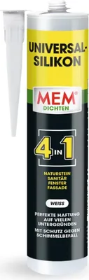Produktbild von MEM Universal Silikon 4in1, Silikon-Dichtstoff für zahlreiche Untergründe, Im Innen- und Außenbereich, Weiß, Kartusche 300ml