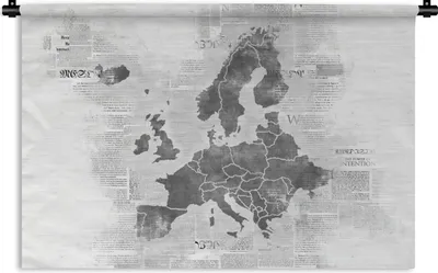 Produktbild von MuchoWow® Wandteppich Wandbehang Europakarte auf Zeitungspapier - schwarz und weiß 90x60 cm Tapisserie Dekoration Wandtuch - Wandskulpturen - Bildteppich