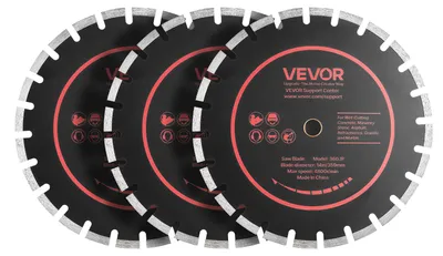 Obrázok produktu pre VEVOR, 3 kusy diamantových rezných kotúčov, priemer 359 mm, diamantové kotúče s otvorom 25,4 mm a výškou segmentu 11,8 mm, maximálna rýchlosť 4800 ot./min. Diamantové kotúče vhodné na suché aj mokré rezanie, rezný kotúč na betón, murivo a kameň
