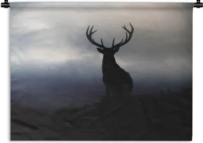 Produktbild von MuchoWow® Wandteppich Wandbehang Hirsch - Scherenschnitt - Nebel 150x112.50 cm Tapisserie Dekoration Wandtuch - Wanddecke - Wandteppiche