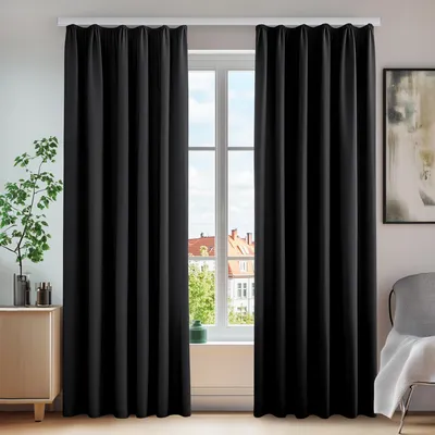 Productafbeelding van Zwarte thermische gordijnen met plooiband, 175x140 cm, set van 2