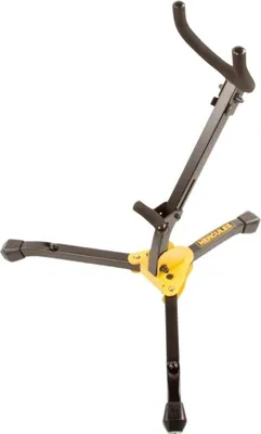 A black and yellow Hercules brand saxophone stand against a white background.
