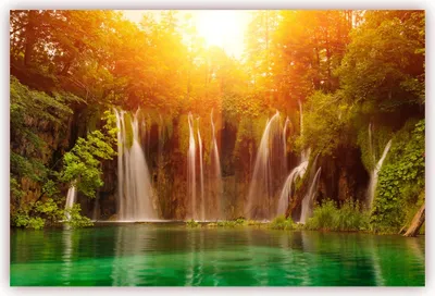 Produktbild von XXL Poster 100 x 70cm (S-821) Wasserfall fliesst in wunderschön grünlich schimmernden Waldsee mit umstehend sonnendurchflutete Bäume (Lieferung gerollt!)