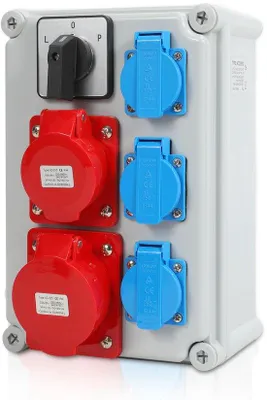 Obrázek produktu pro Elektrická nástěnná rozvodná skříň IP44, adaptér, nástěnná zásuvková skříňka pro montáž na stěnu na staveništi, 1x32 A, 1x16 A, 3x230 V, s vypínačem