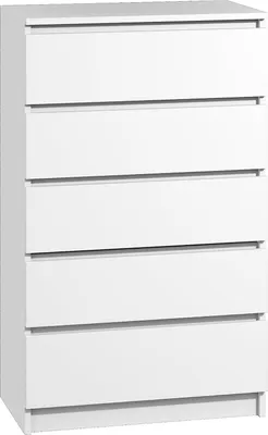 A white, five-drawer dresser against a white background.
