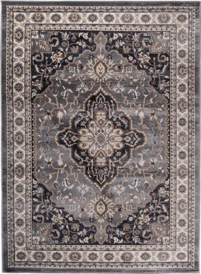 A top-down view of a rectangular rug with a classic Persian-inspired pattern.