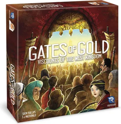 A board game box with artwork depicting a crowd looking towards a golden gate.