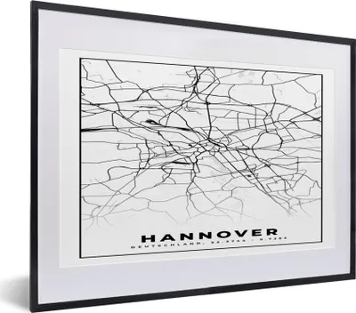 Produktbild von MuchoWow® Gerahmtes Poster Hannover - Karte - Stadtplan - Karte 40x30 cm - Poster mit Schwarzem Bilderrahmen Wandposter Rahmen Foto Bilder - Bilderrahmen - Poster im Rahmen