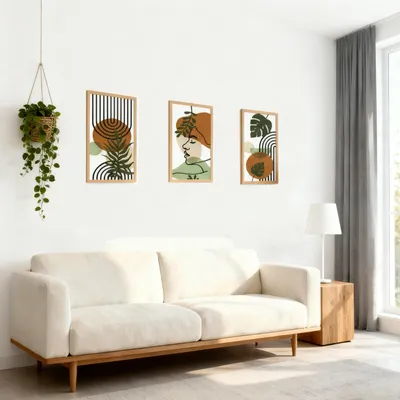 Produktbild von Wanddekoration Holz 3-teilig, tropische Palmblätter, geometrisch, für Wohnzimmer