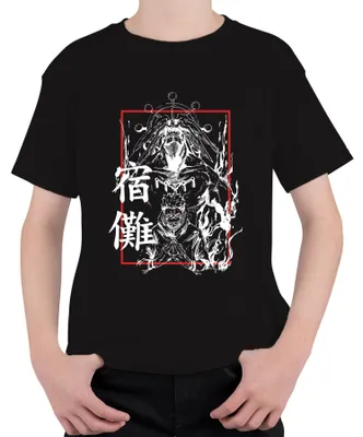 Zdjęcie produktu dla Koszulka dziecięca z motywem Jujutsu Kaisen, Sukuna, "Przepowiednia Demona", czerwone oczy, anime, czarna, rozmiar 140