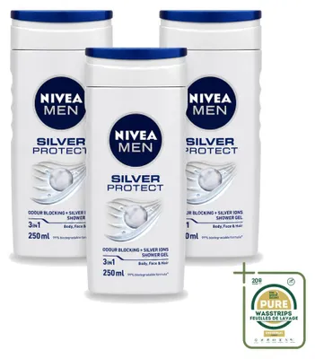 Immagine prodotto di 3 confezioni di gel doccia Nivea Men Silver Protect 3-in-1, 250 ml ciascuna - confezione risparmio - 3 pezzi