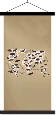 Produktbild von MuchoWow® Textilposter Weltkarte - Tiere - Braun 40x80 cm mit schwarzem Rahmen - Wandemalerei